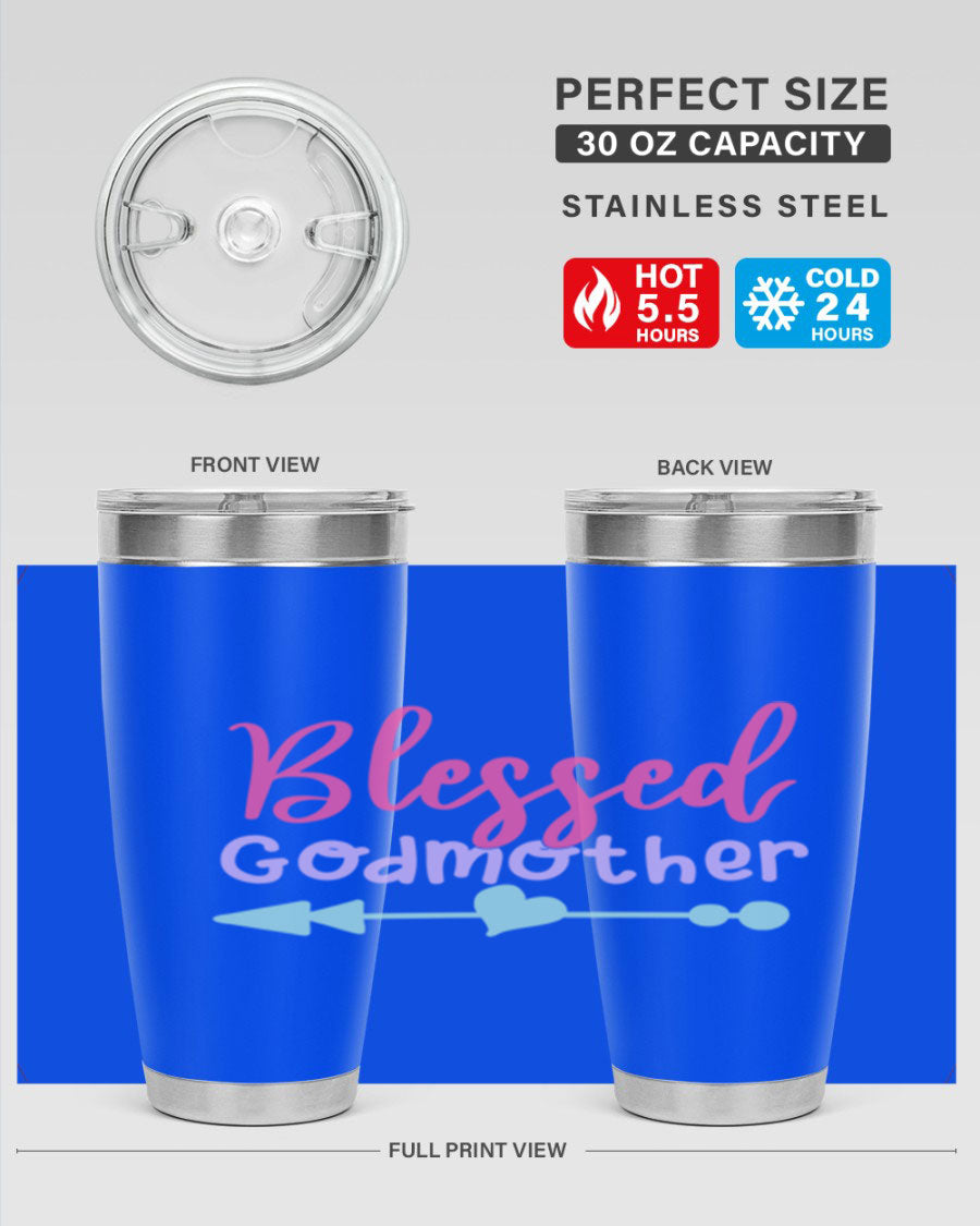 Blessed Godmother tumbler featuring double wall vacuum stainless steel design, perfect for keeping beverages hot or cold.