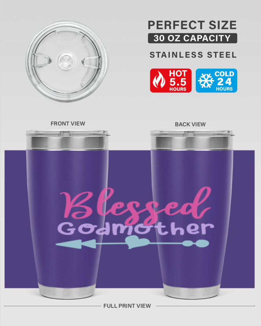 Blessed Godmother tumbler featuring double wall vacuum stainless steel design, perfect for keeping beverages hot or cold.