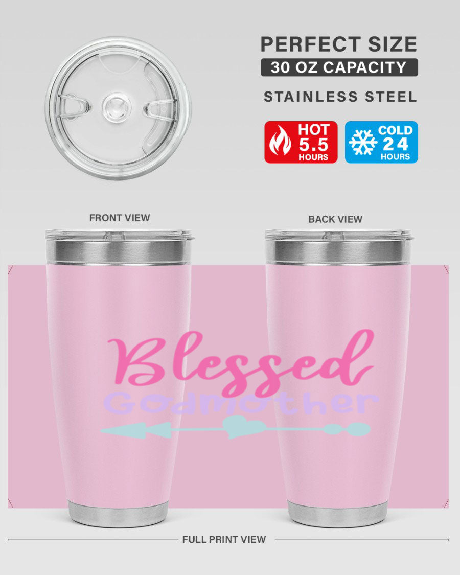 Blessed Godmother tumbler featuring double wall vacuum stainless steel design, perfect for keeping beverages hot or cold.