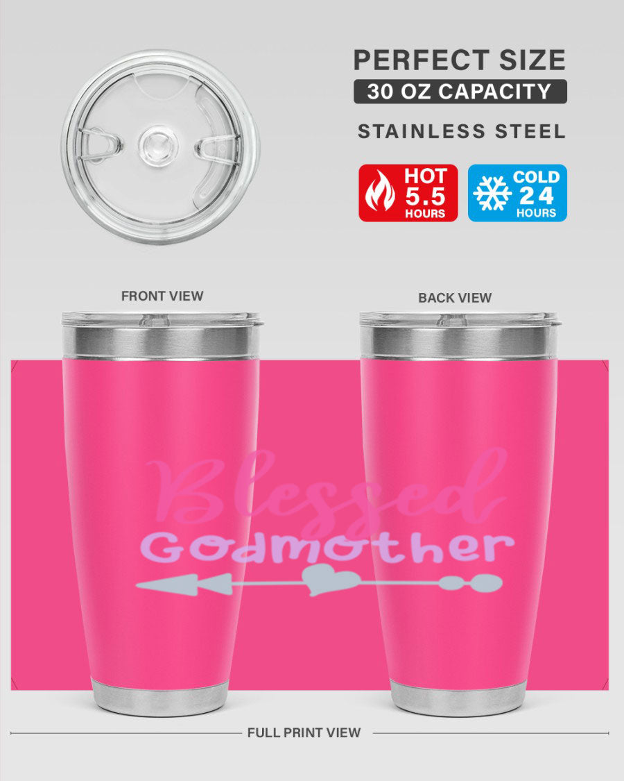 Blessed Godmother tumbler featuring double wall vacuum stainless steel design, perfect for keeping beverages hot or cold.