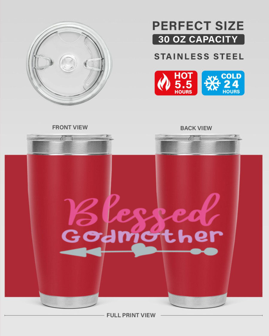 Blessed Godmother tumbler featuring double wall vacuum stainless steel design, perfect for keeping beverages hot or cold.