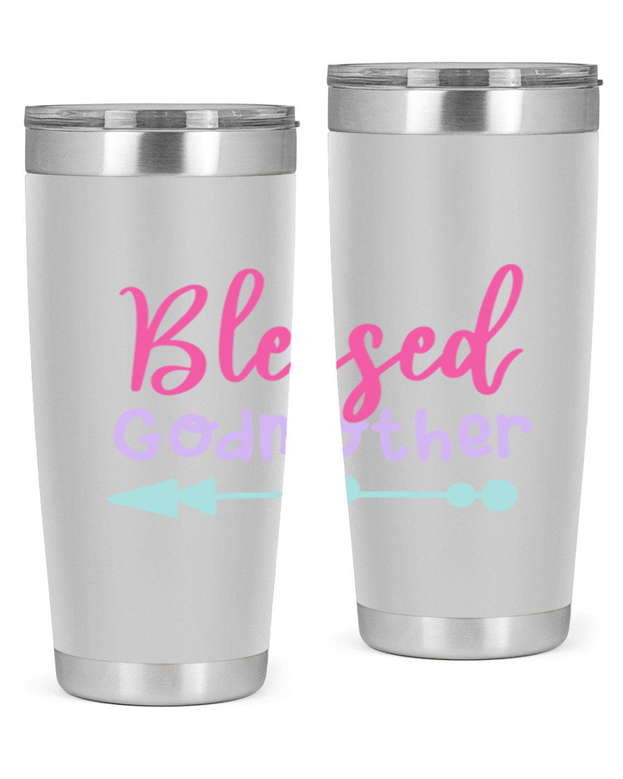 Blessed Godmother tumbler featuring double wall vacuum stainless steel design, perfect for keeping beverages hot or cold.
