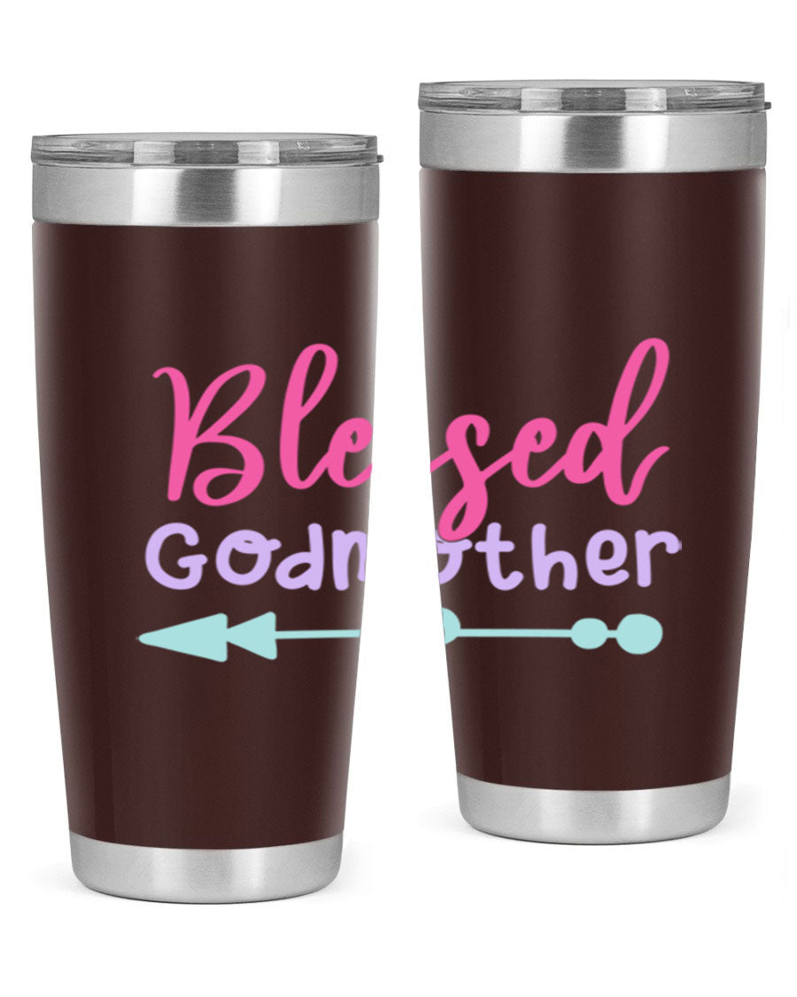 Blessed Godmother tumbler featuring double wall vacuum stainless steel design, perfect for keeping beverages hot or cold.