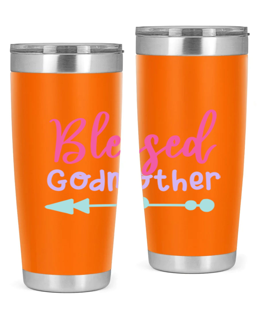Blessed Godmother tumbler featuring double wall vacuum stainless steel design, perfect for keeping beverages hot or cold.
