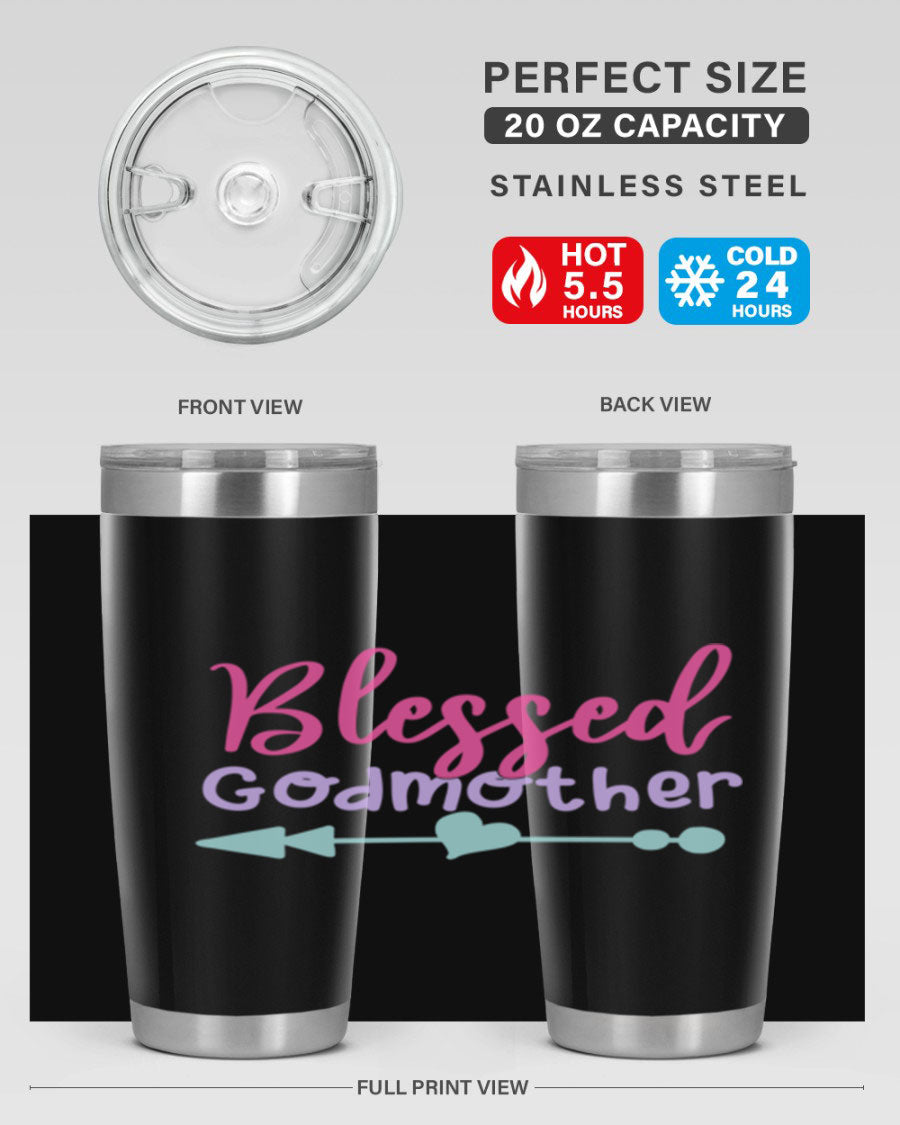 Blessed Godmother tumbler featuring double wall vacuum stainless steel design, perfect for keeping beverages hot or cold.