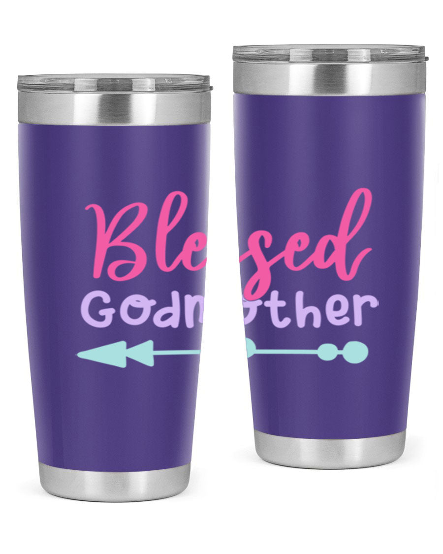 Blessed Godmother tumbler featuring double wall vacuum stainless steel design, perfect for keeping beverages hot or cold.