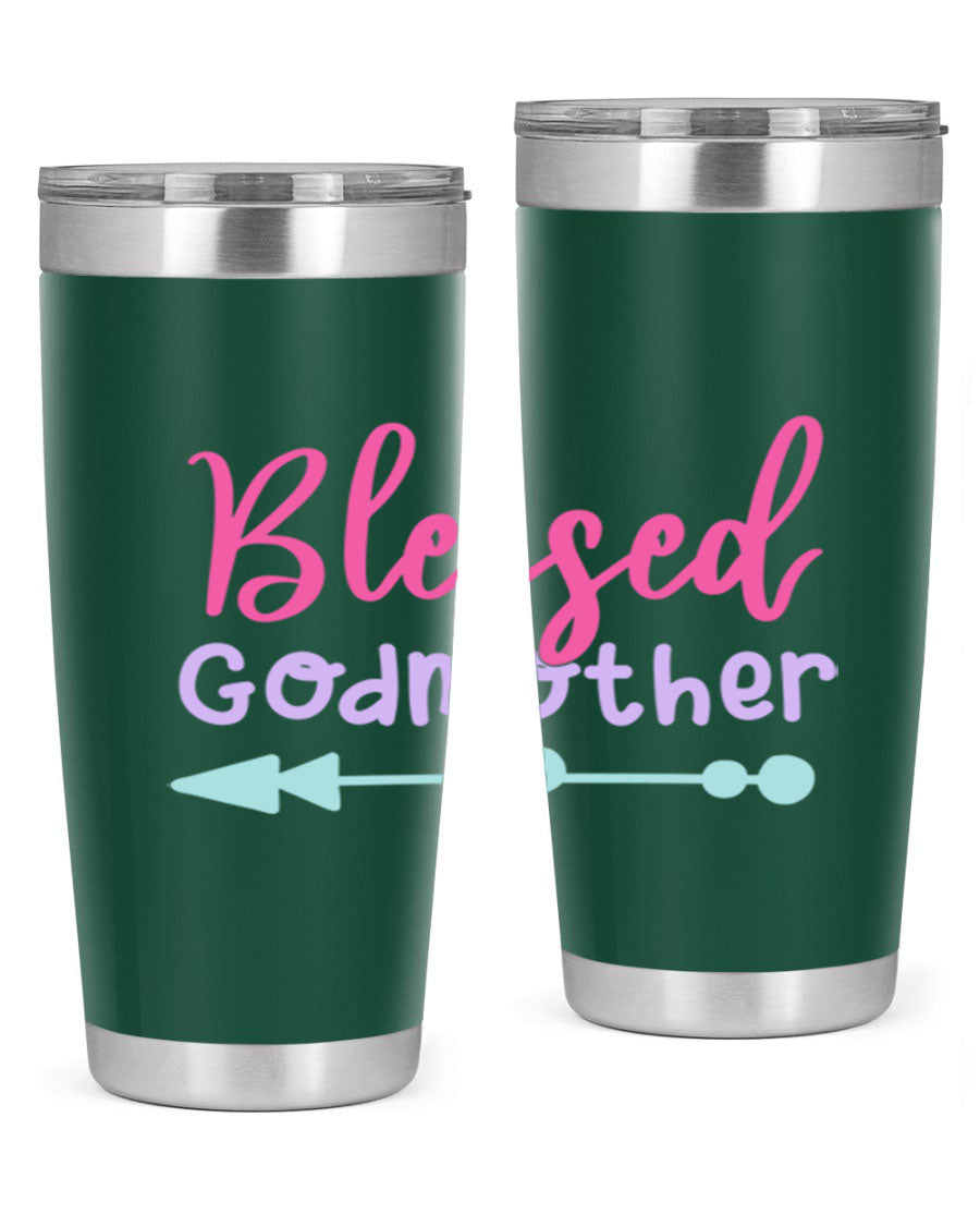 Blessed Godmother tumbler featuring double wall vacuum stainless steel design, perfect for keeping beverages hot or cold.