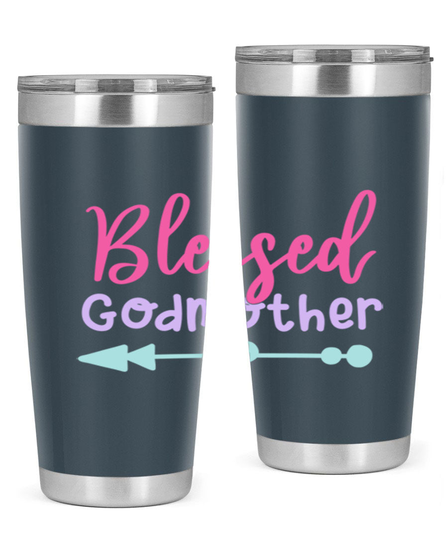 Blessed Godmother tumbler featuring double wall vacuum stainless steel design, perfect for keeping beverages hot or cold.