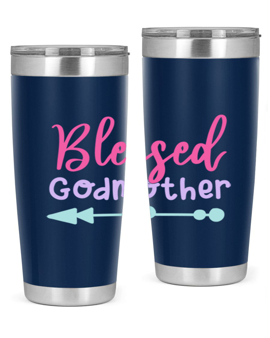 Blessed Godmother tumbler featuring double wall vacuum stainless steel design, perfect for keeping beverages hot or cold.