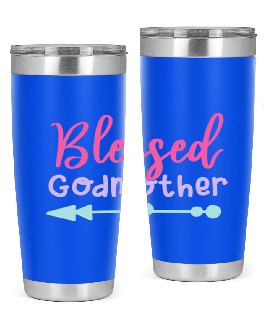 Blessed Godmother tumbler featuring double wall vacuum stainless steel design, perfect for keeping beverages hot or cold.