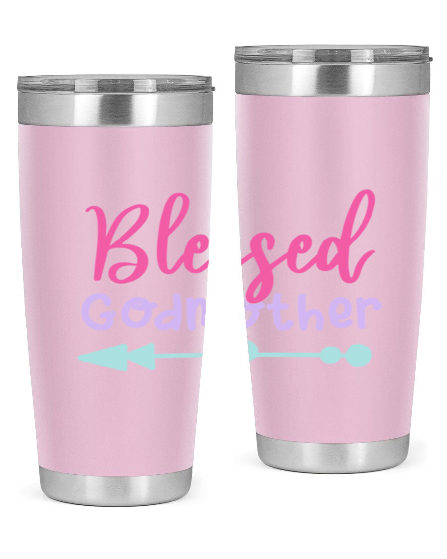 Blessed Godmother tumbler featuring double wall vacuum stainless steel design, perfect for keeping beverages hot or cold.