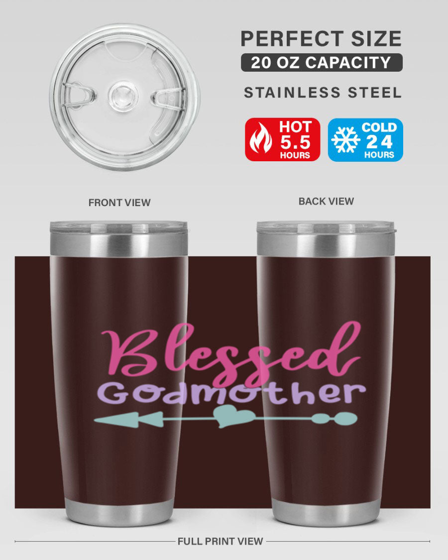 Blessed Godmother tumbler featuring double wall vacuum stainless steel design, perfect for keeping beverages hot or cold.