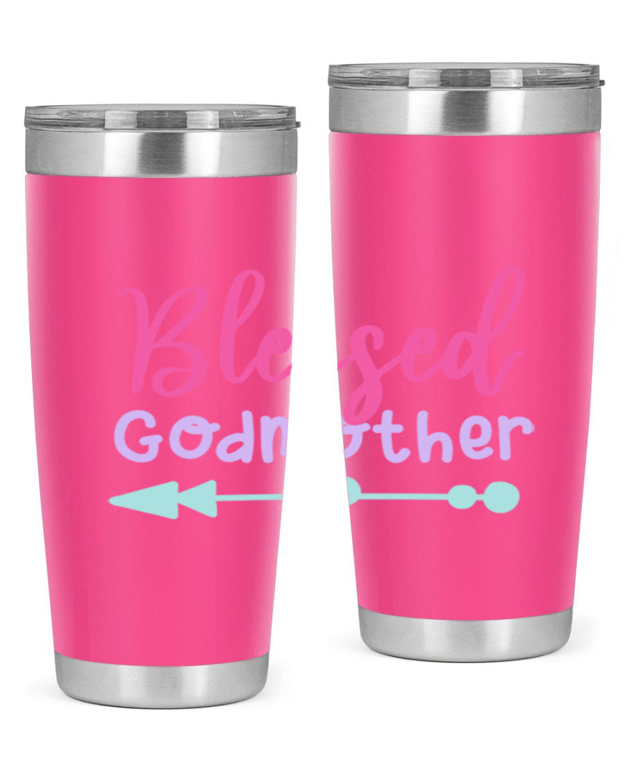 Blessed Godmother tumbler featuring double wall vacuum stainless steel design, perfect for keeping beverages hot or cold.