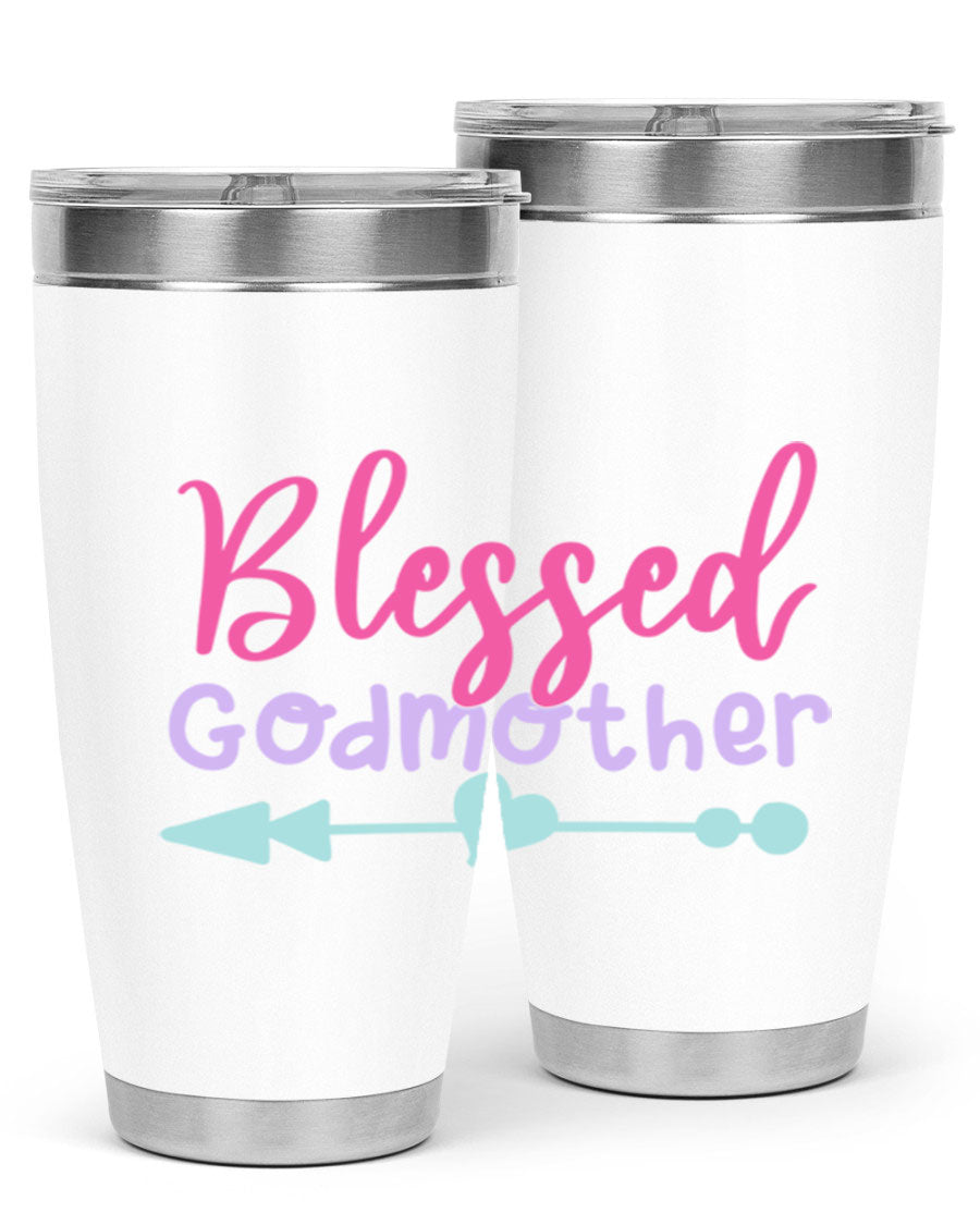 Blessed Godmother tumbler featuring double wall vacuum stainless steel design, perfect for keeping beverages hot or cold.