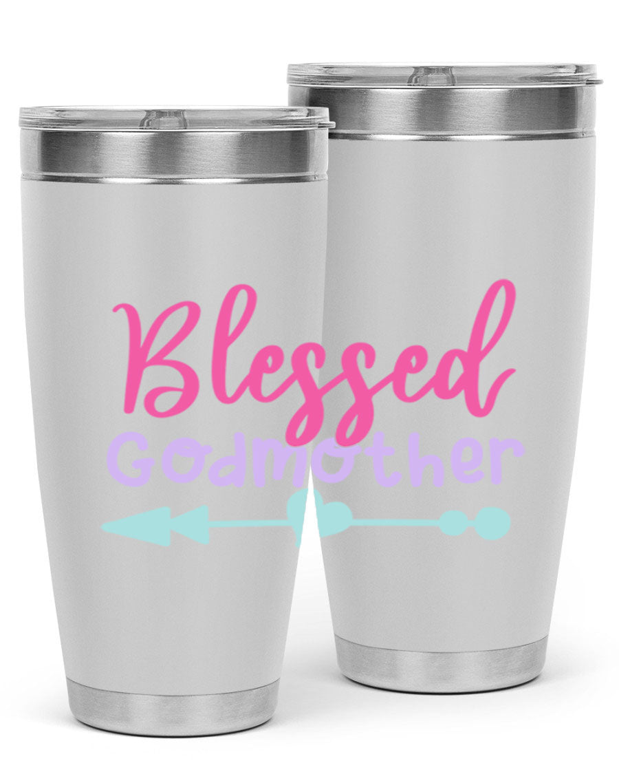 Blessed Godmother tumbler featuring double wall vacuum stainless steel design, perfect for keeping beverages hot or cold.