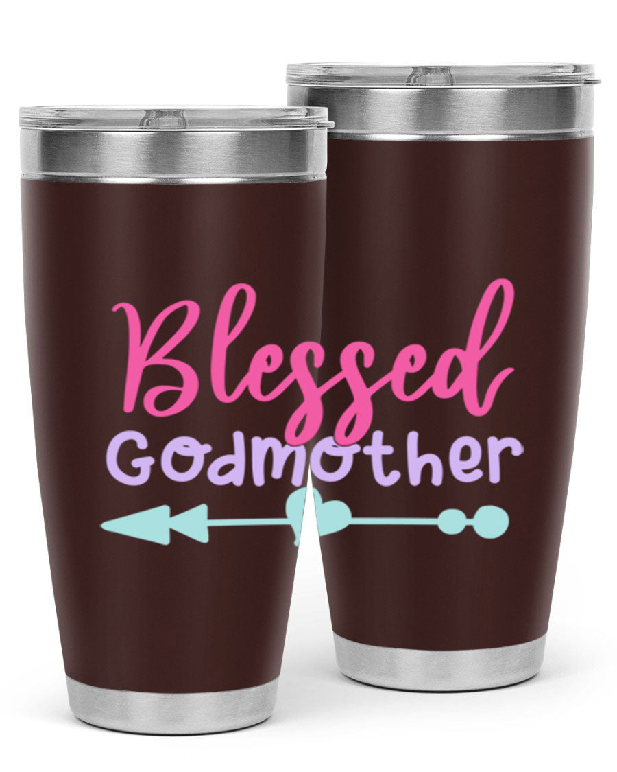 Blessed Godmother tumbler featuring double wall vacuum stainless steel design, perfect for keeping beverages hot or cold.