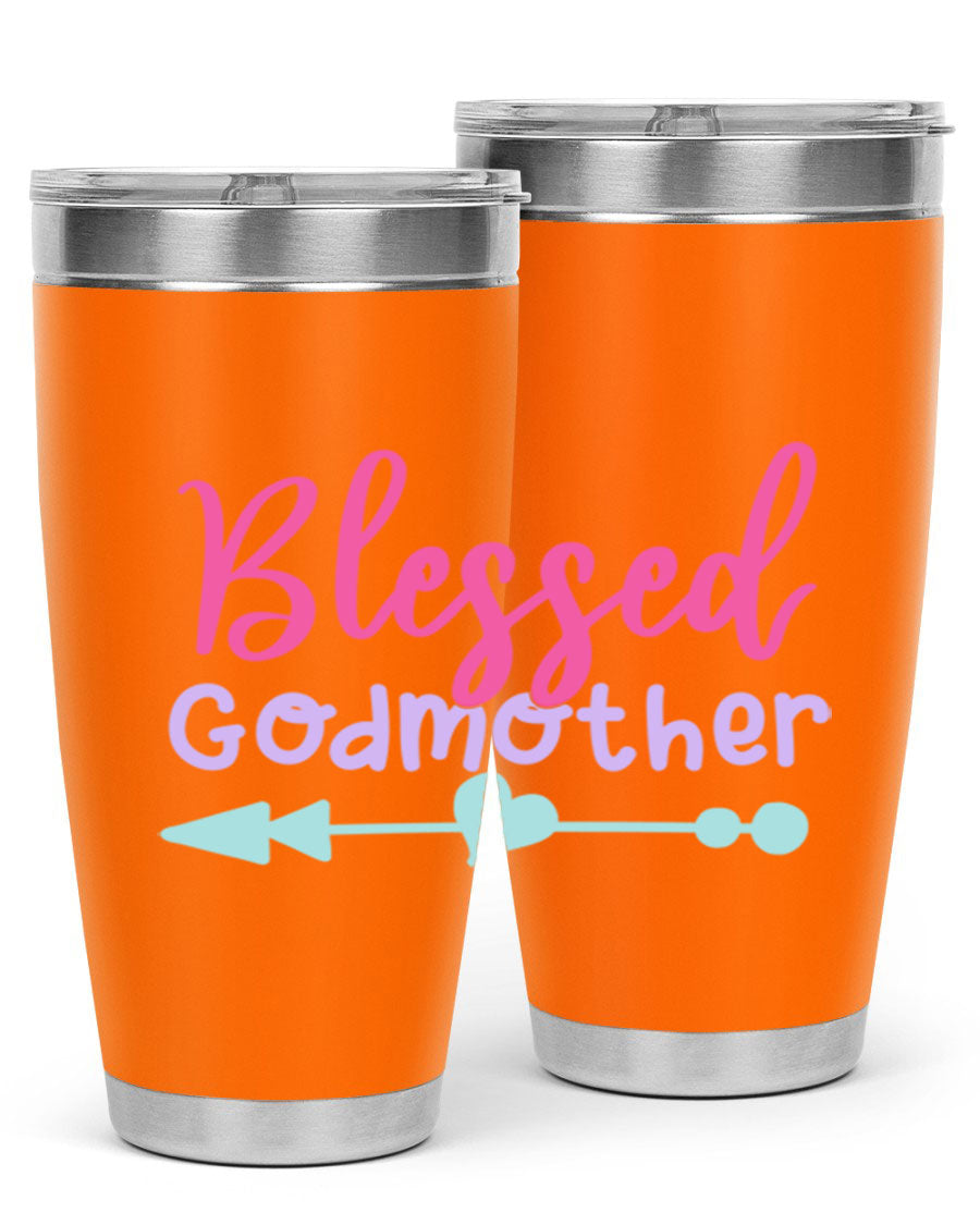 Blessed Godmother tumbler featuring double wall vacuum stainless steel design, perfect for keeping beverages hot or cold.