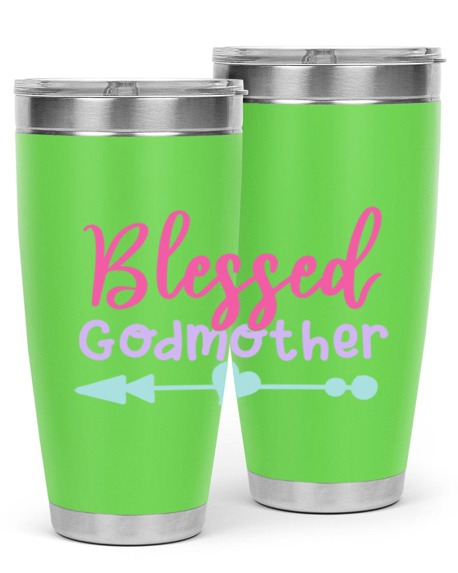 Blessed Godmother tumbler featuring double wall vacuum stainless steel design, perfect for keeping beverages hot or cold.