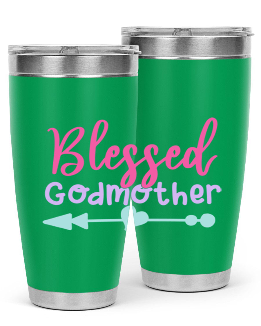 Blessed Godmother tumbler featuring double wall vacuum stainless steel design, perfect for keeping beverages hot or cold.