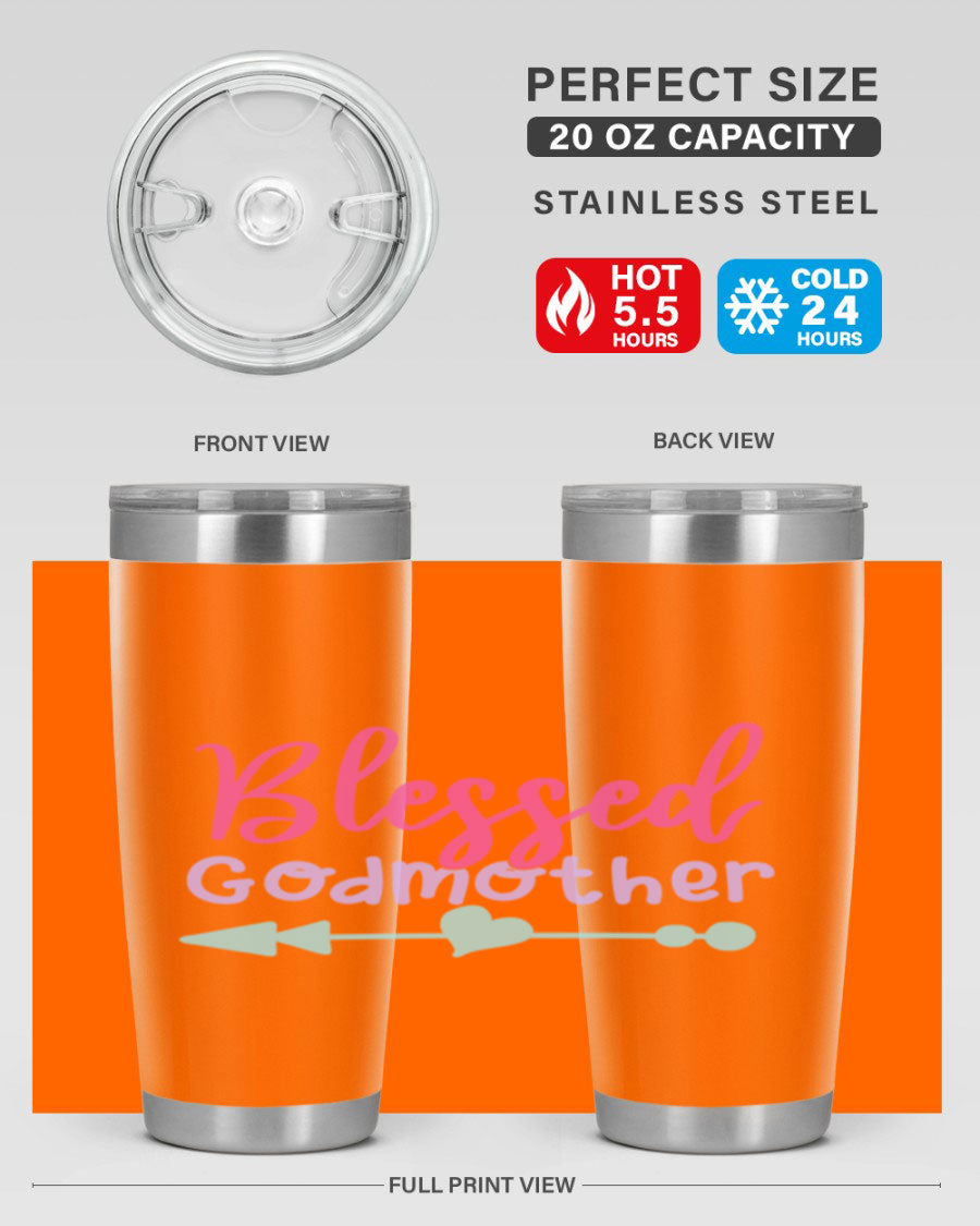 Blessed Godmother tumbler featuring double wall vacuum stainless steel design, perfect for keeping beverages hot or cold.