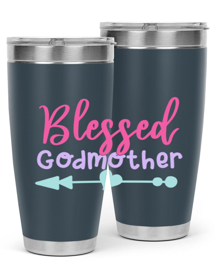 Blessed Godmother tumbler featuring double wall vacuum stainless steel design, perfect for keeping beverages hot or cold.