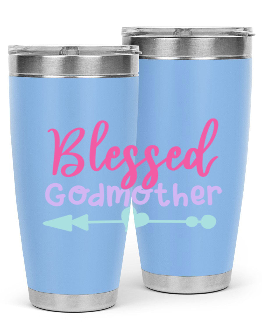 Blessed Godmother tumbler featuring double wall vacuum stainless steel design, perfect for keeping beverages hot or cold.