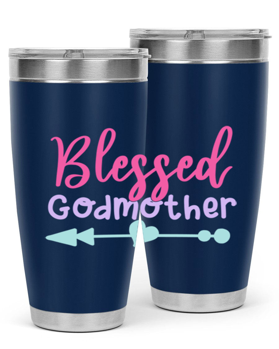 Blessed Godmother tumbler featuring double wall vacuum stainless steel design, perfect for keeping beverages hot or cold.