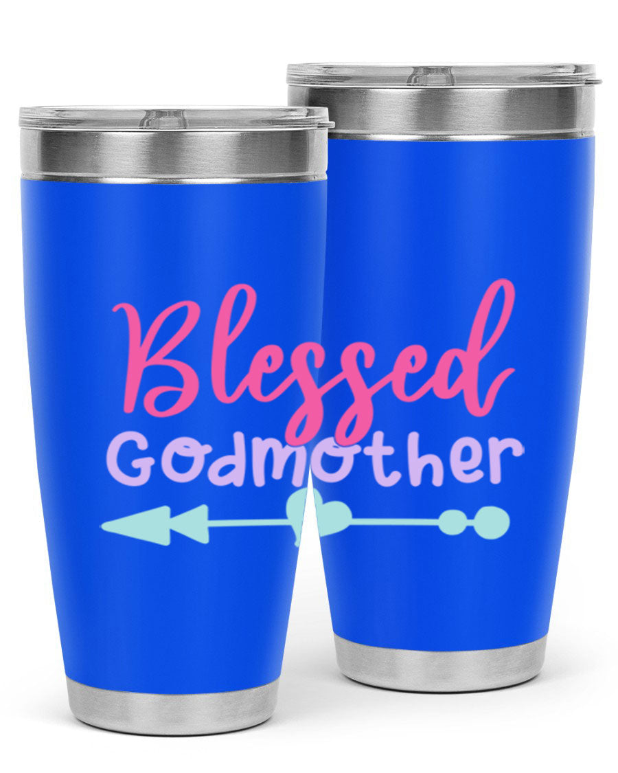 Blessed Godmother tumbler featuring double wall vacuum stainless steel design, perfect for keeping beverages hot or cold.