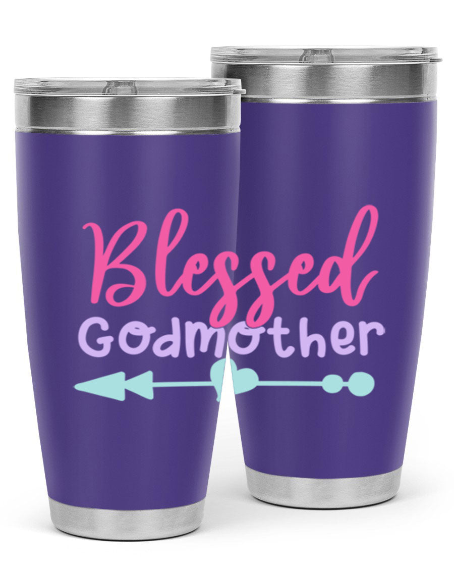 Blessed Godmother tumbler featuring double wall vacuum stainless steel design, perfect for keeping beverages hot or cold.