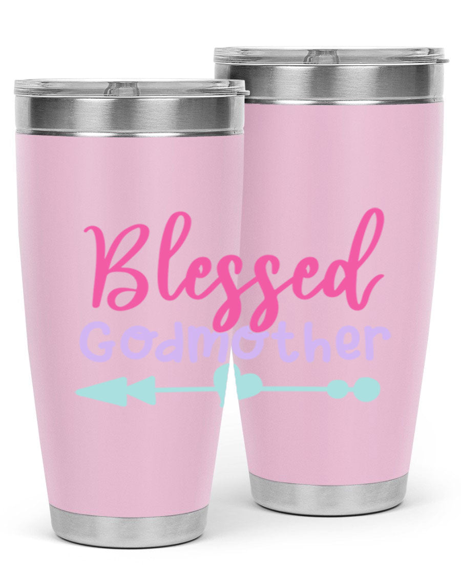 Blessed Godmother tumbler featuring double wall vacuum stainless steel design, perfect for keeping beverages hot or cold.