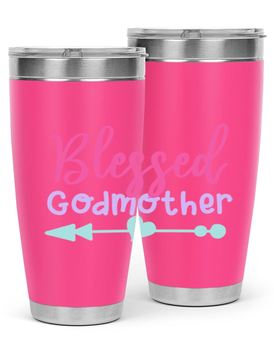 Blessed Godmother tumbler featuring double wall vacuum stainless steel design, perfect for keeping beverages hot or cold.