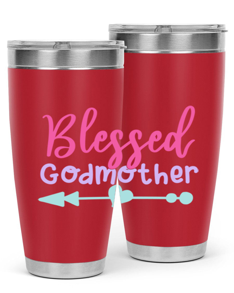 Blessed Godmother tumbler featuring double wall vacuum stainless steel design, perfect for keeping beverages hot or cold.
