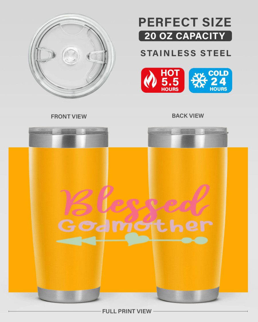 Blessed Godmother tumbler featuring double wall vacuum stainless steel design, perfect for keeping beverages hot or cold.
