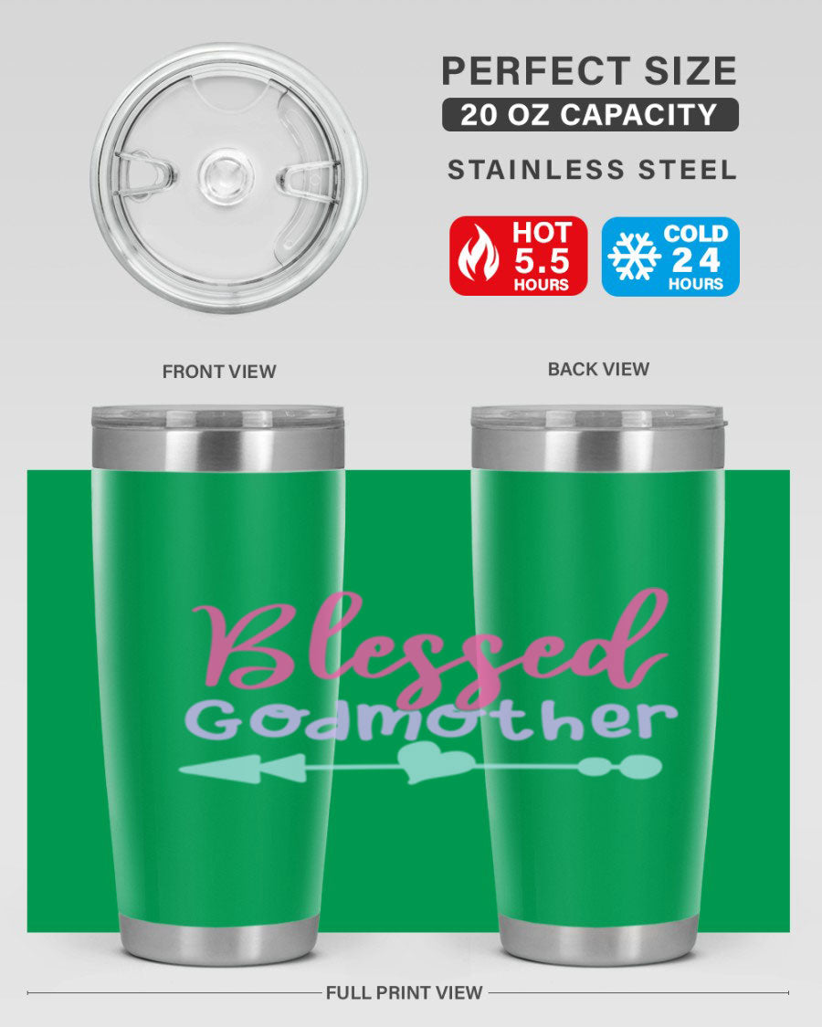 Blessed Godmother tumbler featuring double wall vacuum stainless steel design, perfect for keeping beverages hot or cold.