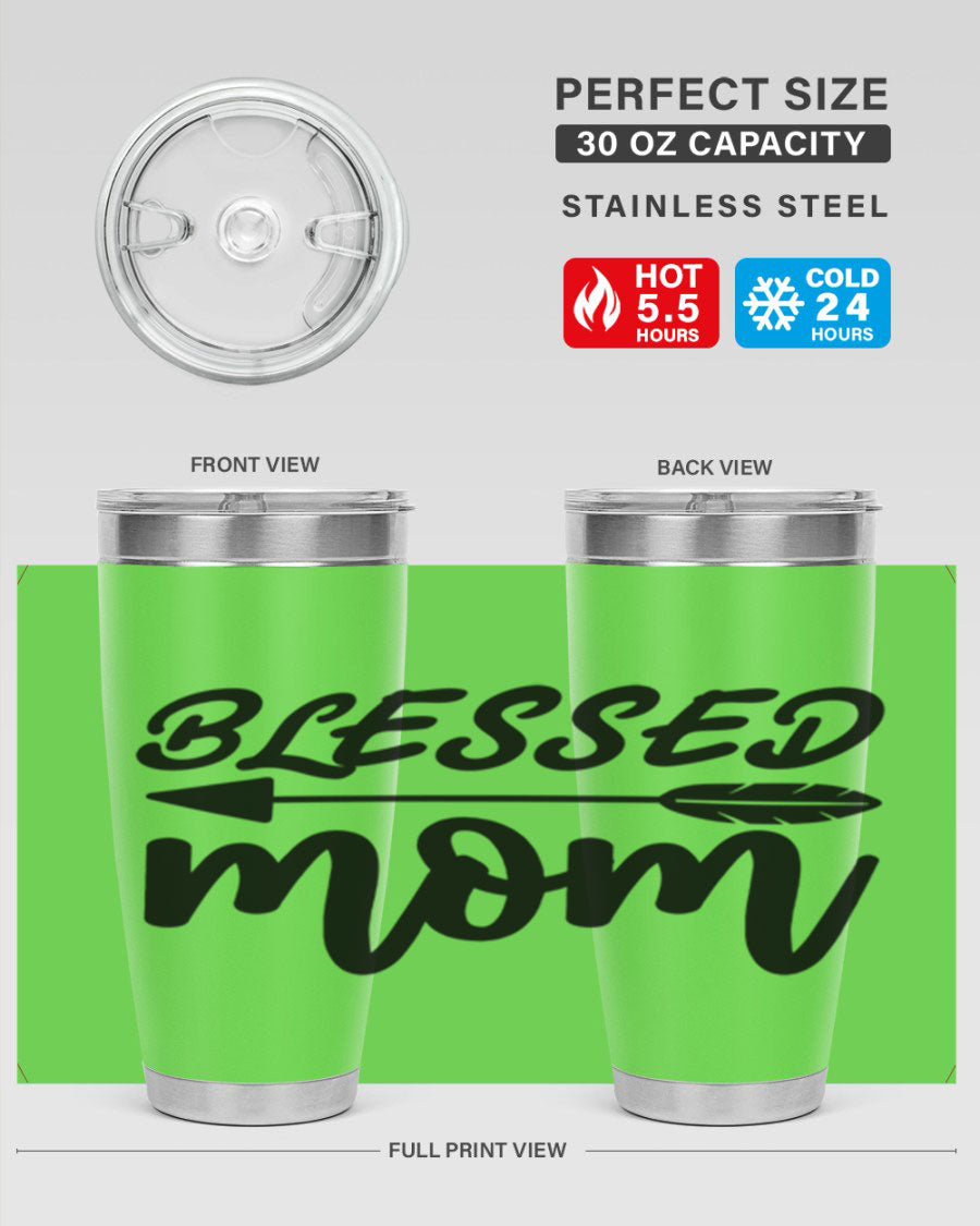 Blessed Mom 20oz Tumbler made of stainless steel with a stylish design, perfect for hot and cold beverages.
