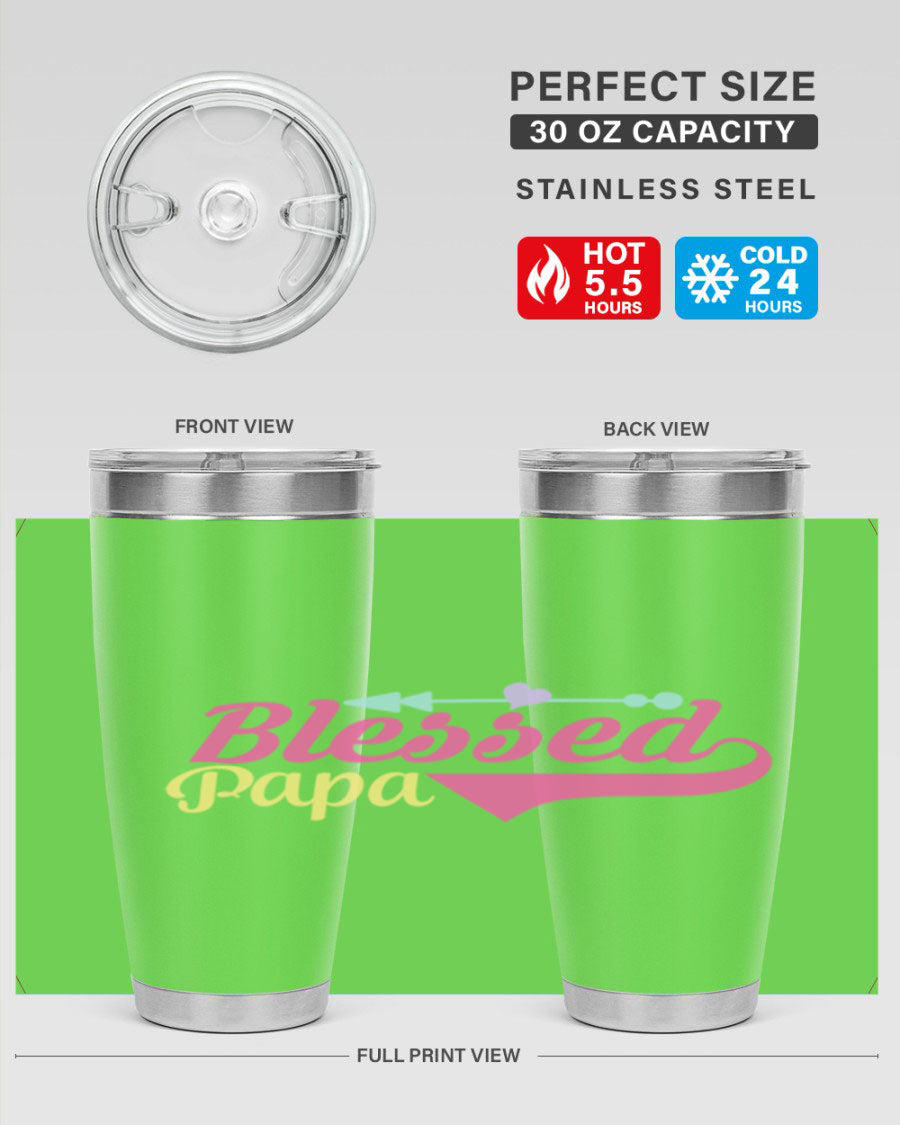 Blessed Papa 73# Tumbler in stainless steel with a drink-thru lid, perfect for keeping beverages hot or cold.