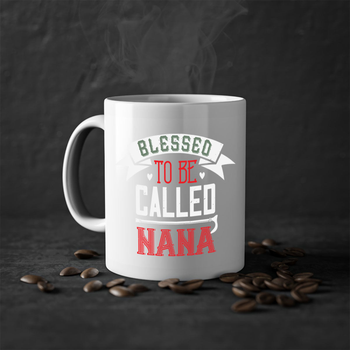 A two-tone ceramic mug with the phrase 'Blessed to be Called Nana', featuring a colored handle and glossy finish, available in multiple colors.