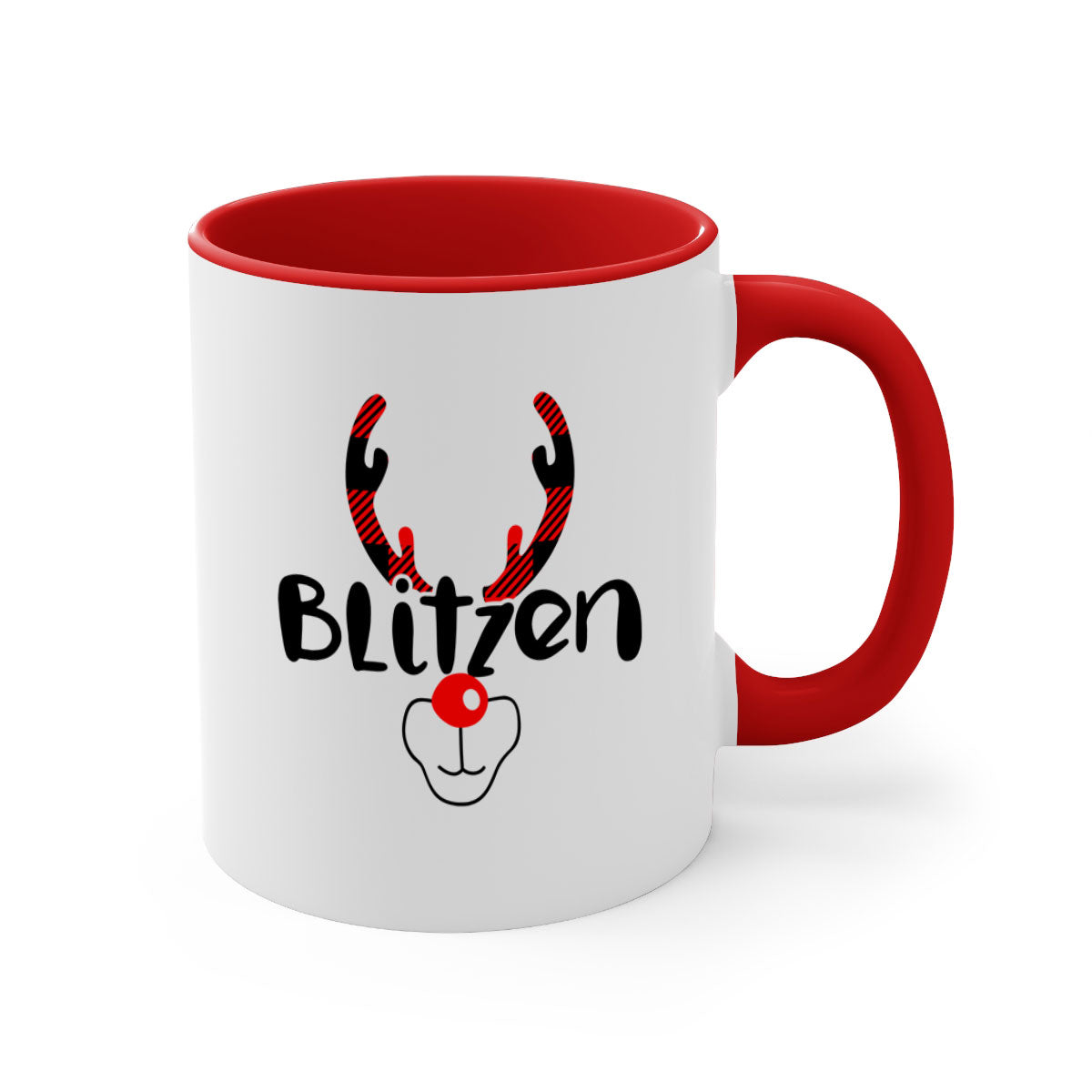 Blitzen Reindeer style Christmas mug with a two-tone design, featuring a colored handle and glossy finish, perfect for holiday beverages.
