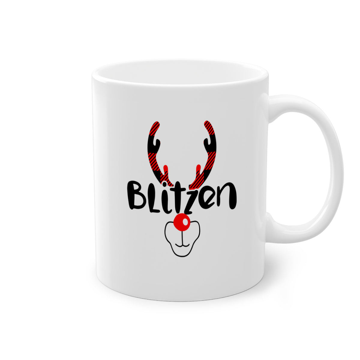 Blitzen Reindeer style Christmas mug with a two-tone design, featuring a colored handle and glossy finish, perfect for holiday beverages.