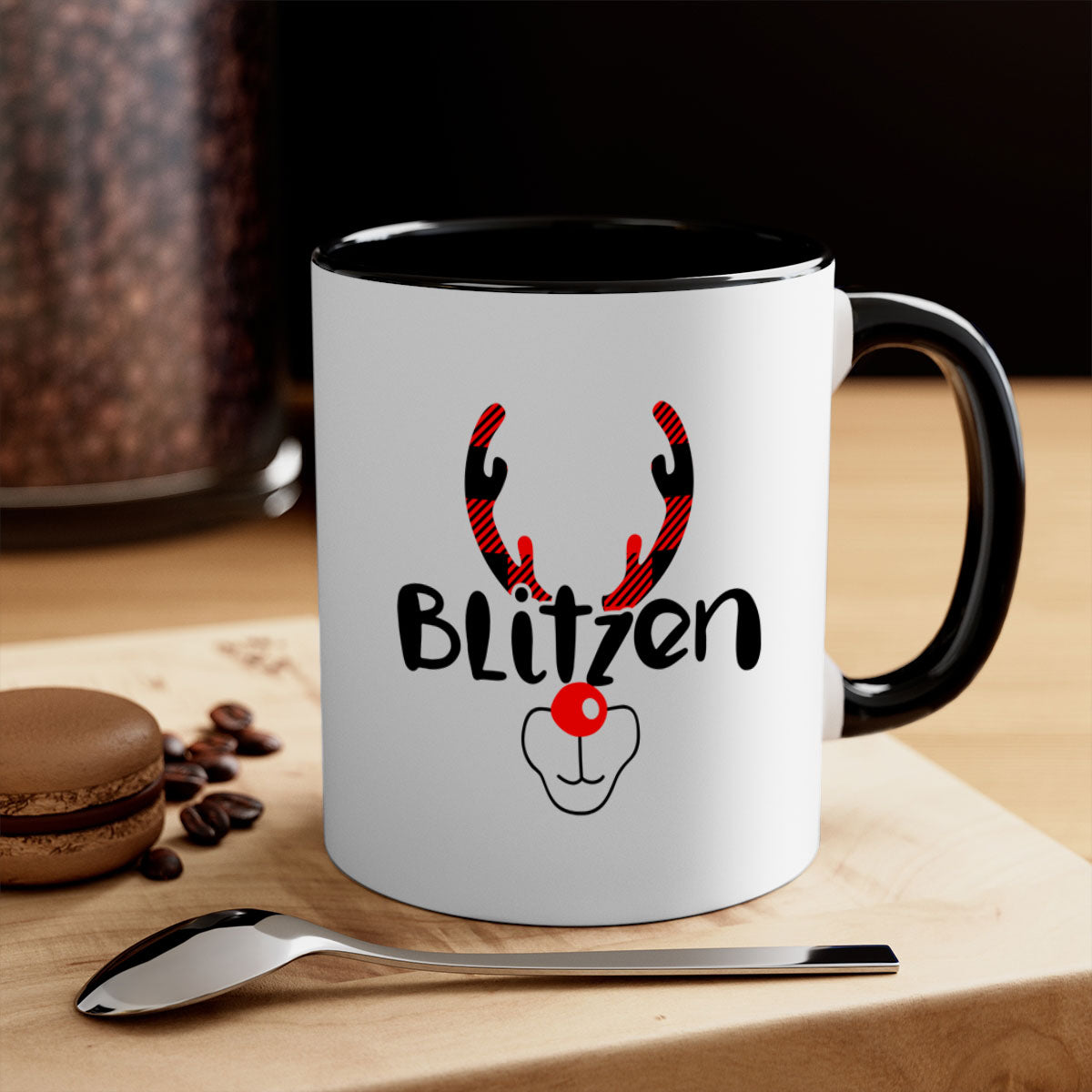 Blitzen Reindeer style Christmas mug with a two-tone design, featuring a colored handle and glossy finish, perfect for holiday beverages.