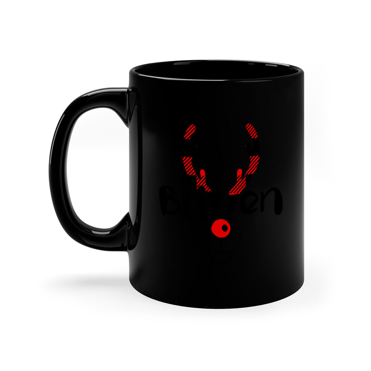 Blitzen Reindeer style Christmas mug with a two-tone design, featuring a colored handle and glossy finish, perfect for holiday beverages.