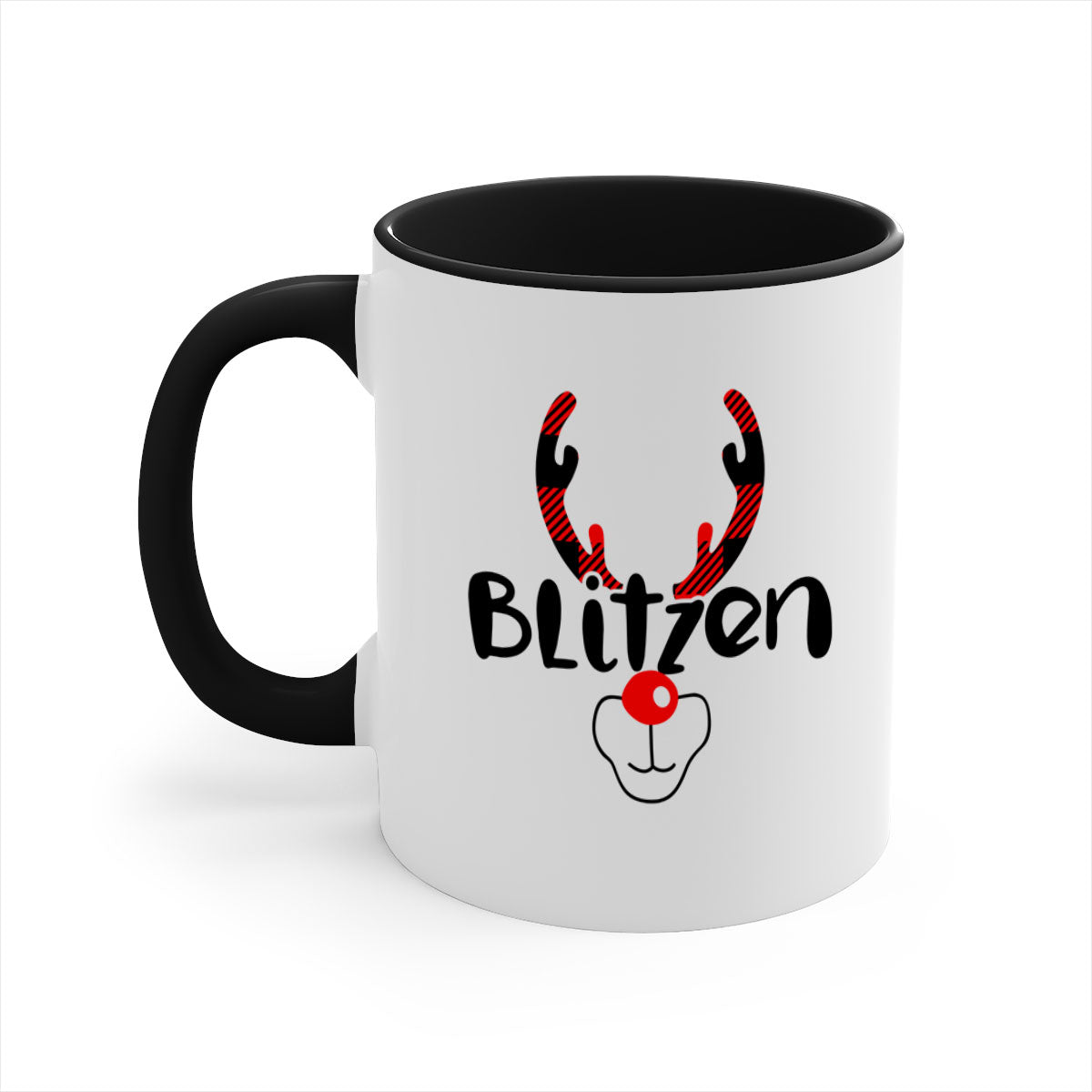 Blitzen Reindeer style Christmas mug with a two-tone design, featuring a colored handle and glossy finish, perfect for holiday beverages.