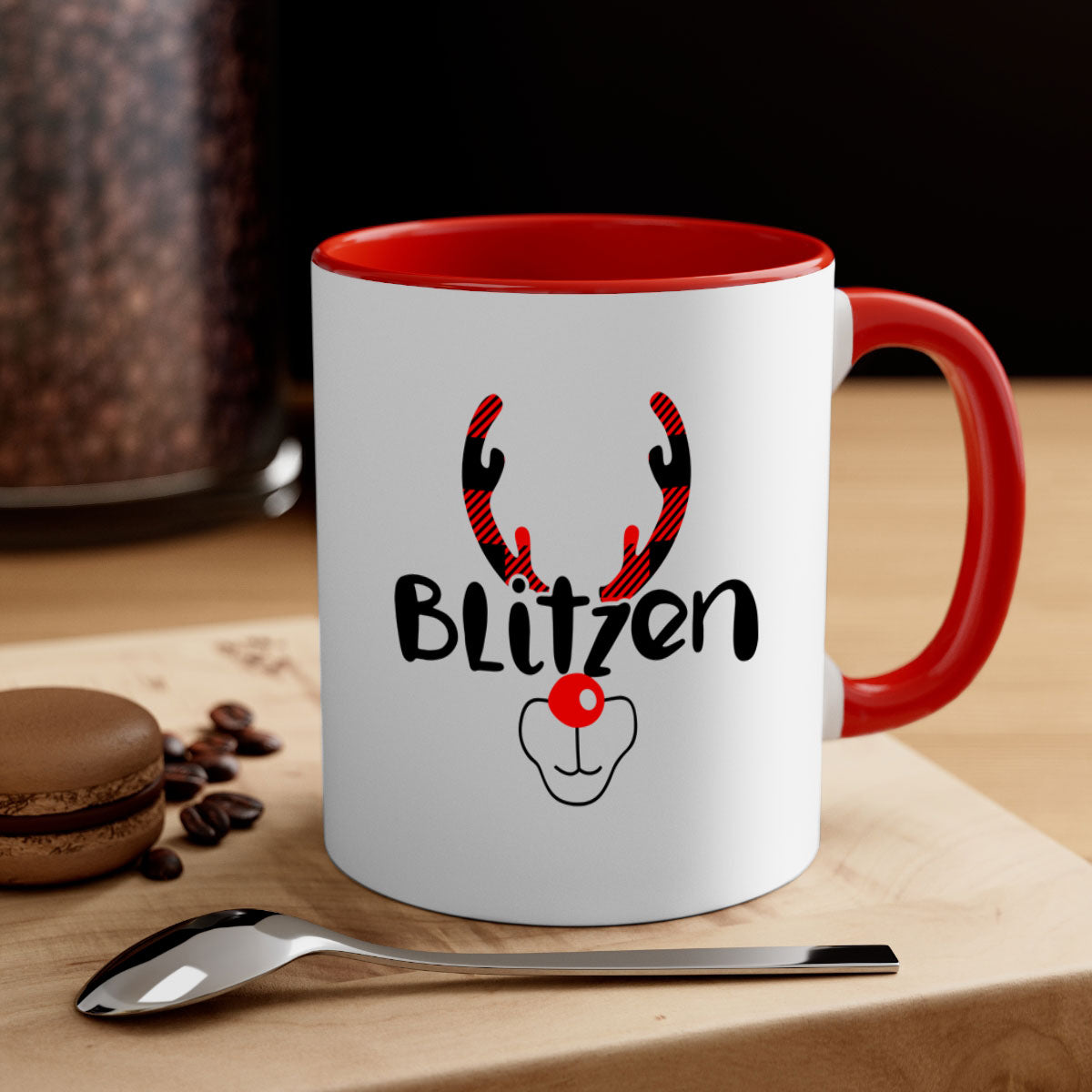 Blitzen Reindeer style Christmas mug with a two-tone design, featuring a colored handle and glossy finish, perfect for holiday beverages.