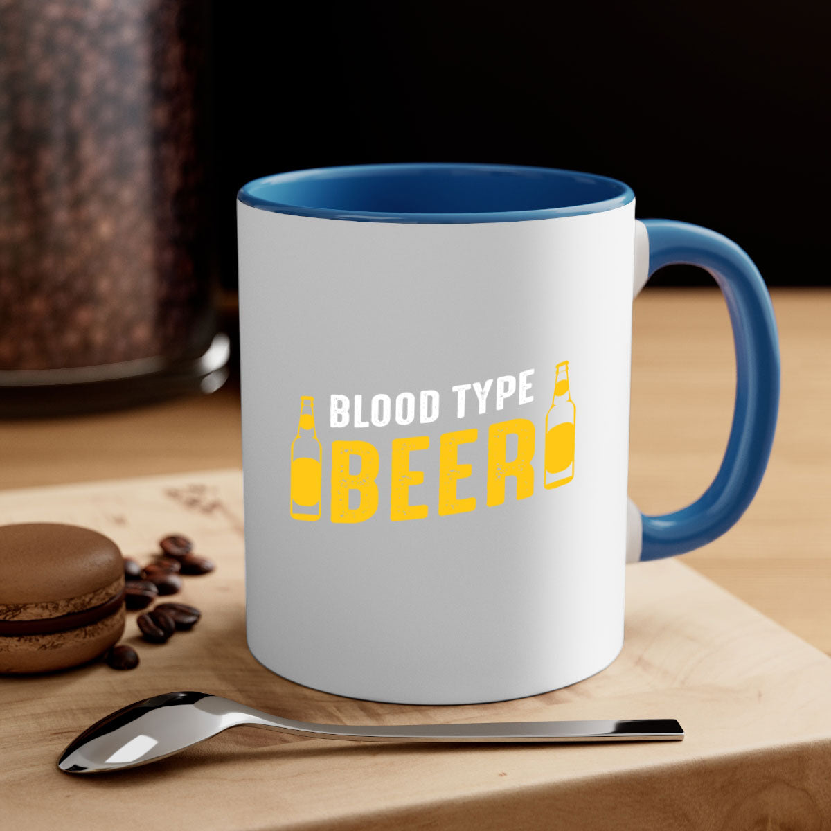 Blood type beer 144# Mug with colorful handle and interior, showcasing glossy ceramic finish.