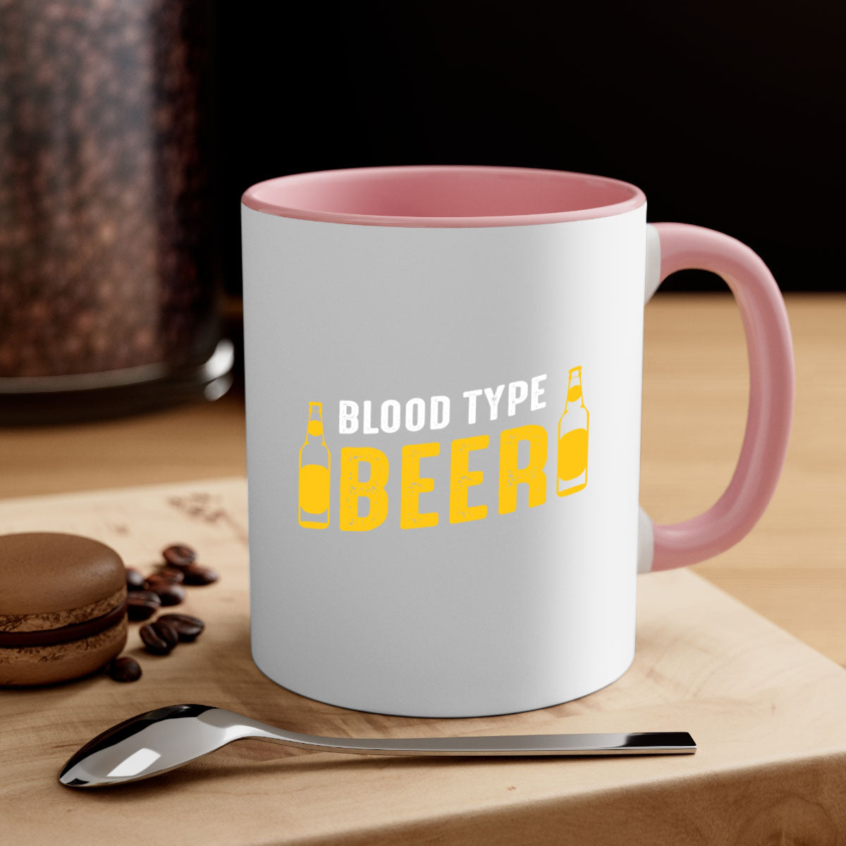 Blood type beer 144# Mug with colorful handle and interior, showcasing glossy ceramic finish.
