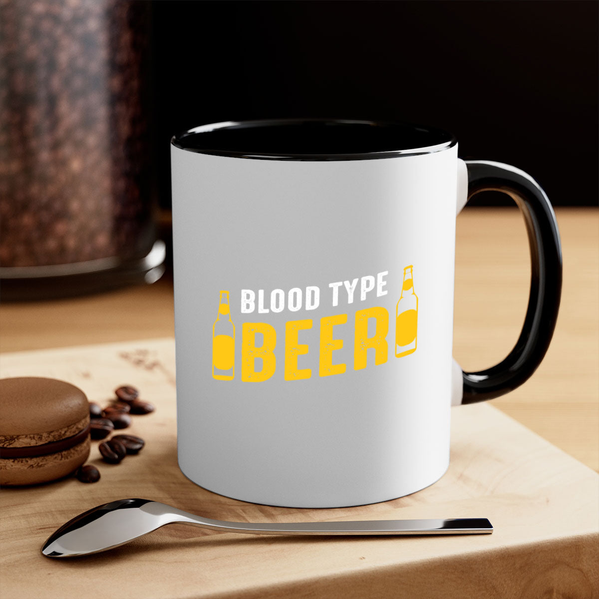Blood type beer 144# Mug with colorful handle and interior, showcasing glossy ceramic finish.