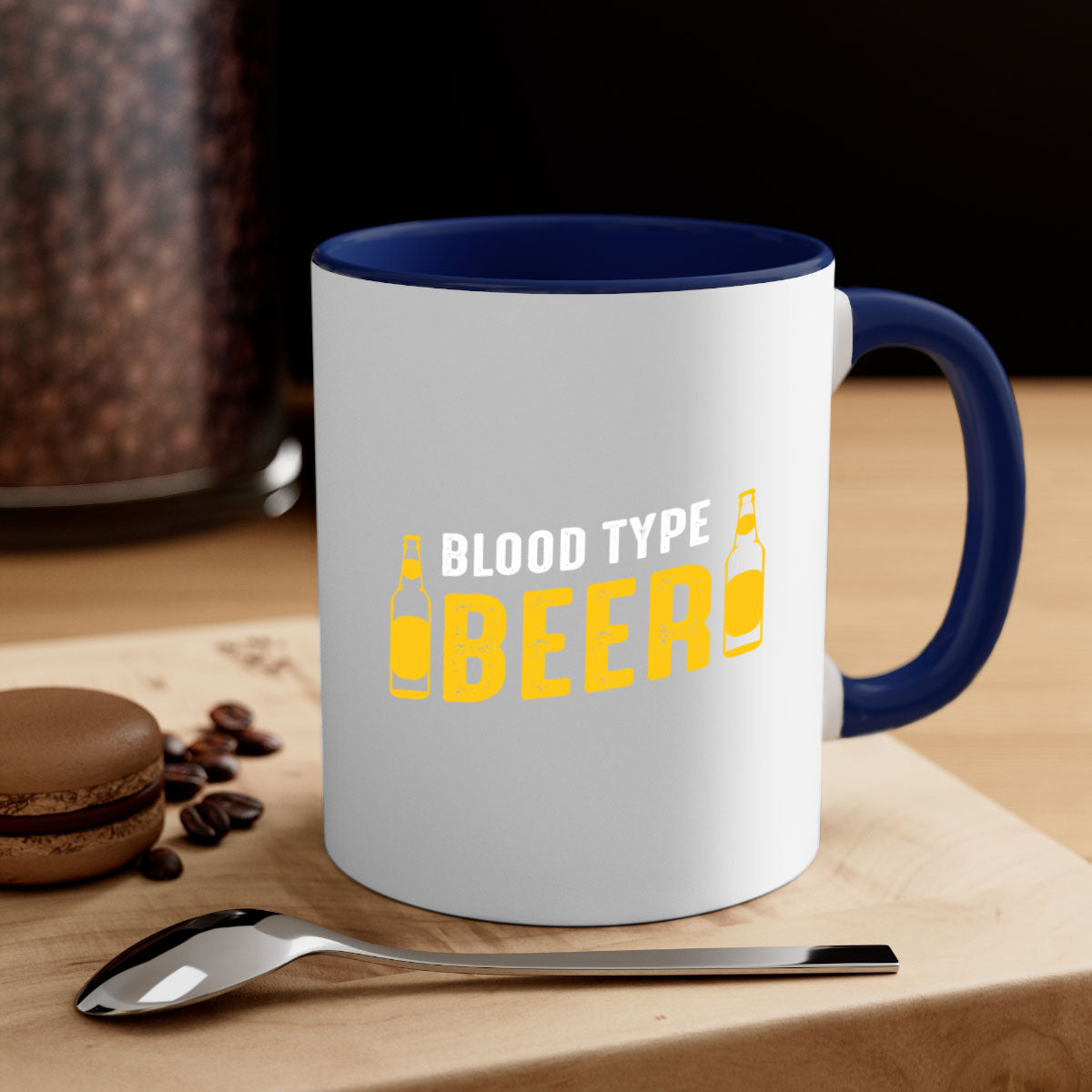 Blood type beer 144# Mug with colorful handle and interior, showcasing glossy ceramic finish.