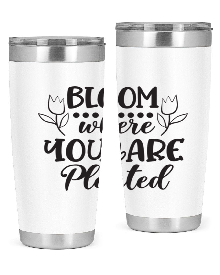 Bloom Where You Are Planted 20oz Tumbler in stainless steel with a vibrant design, showcasing its double wall vacuum insulation and drink-thru lid.