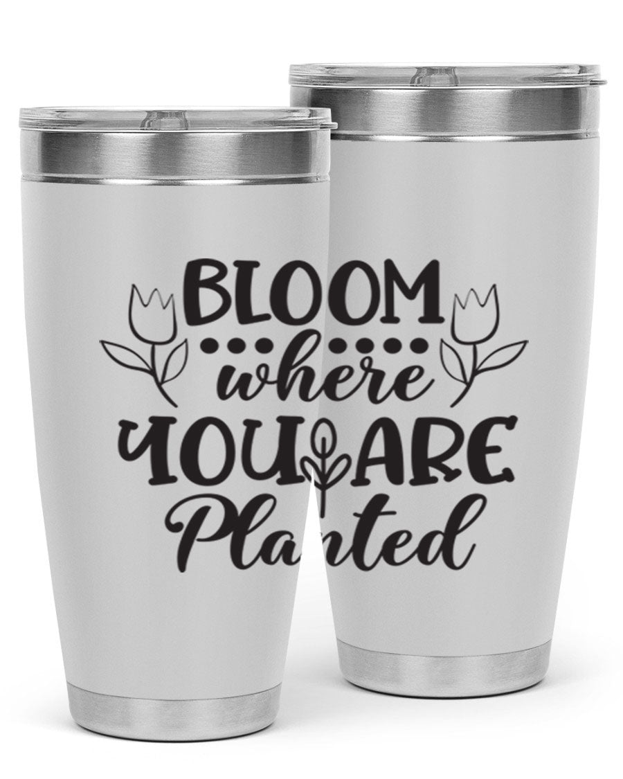 Bloom Where You Are Planted 20oz Tumbler in stainless steel with a vibrant design, showcasing its double wall vacuum insulation and drink-thru lid.