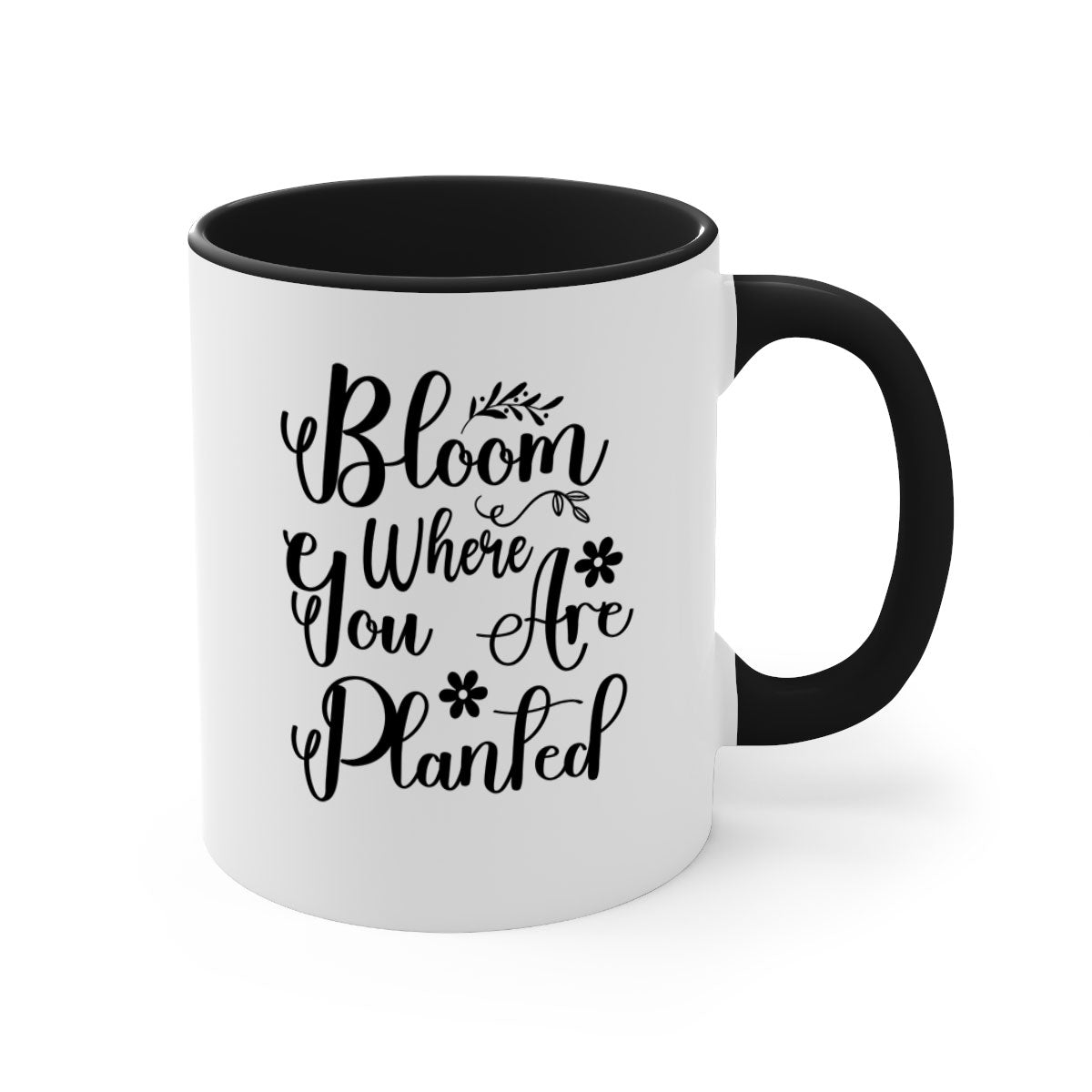 Bloom Where You Are Planted Mug with two-tone design, featuring a colored handle and glossy finish, available in multiple colors.